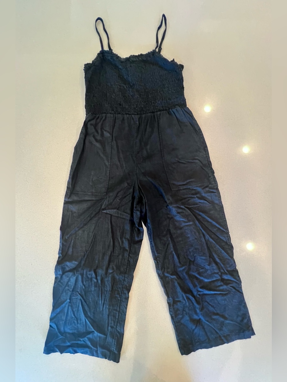 Universal Thread Black Smocked Wide-Leg Jumpsuit Pockets Linen Rayon Blend LRG